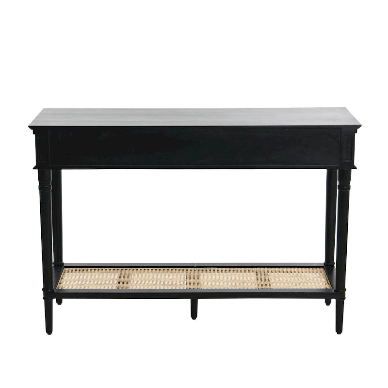 Console en bois d'acacia avec étagère en rotin
