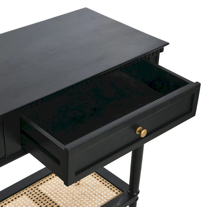 Console en bois d'acacia avec étagère en rotin