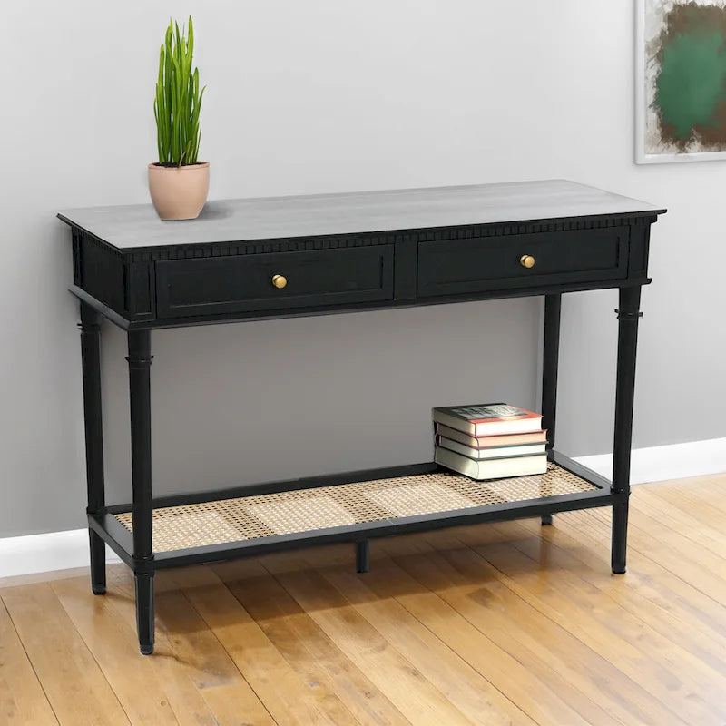 Console en bois d'acacia avec étagère en rotin