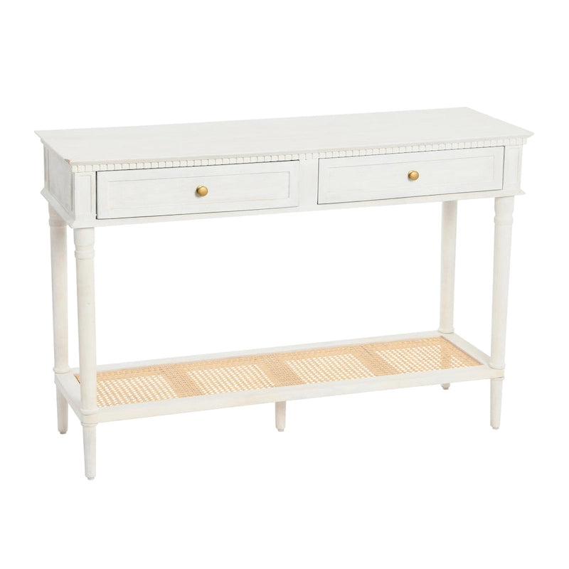 Console en bois d'acacia avec étagère en rotin