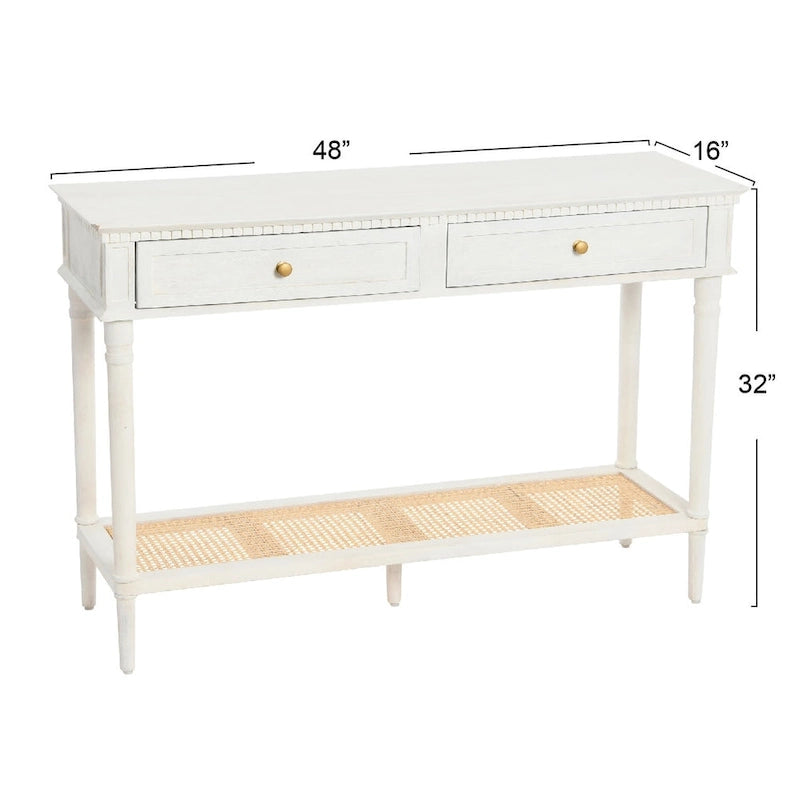 Console en bois d'acacia avec étagère en rotin