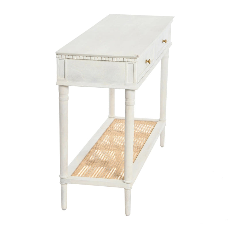 Console en bois d'acacia avec étagère en rotin