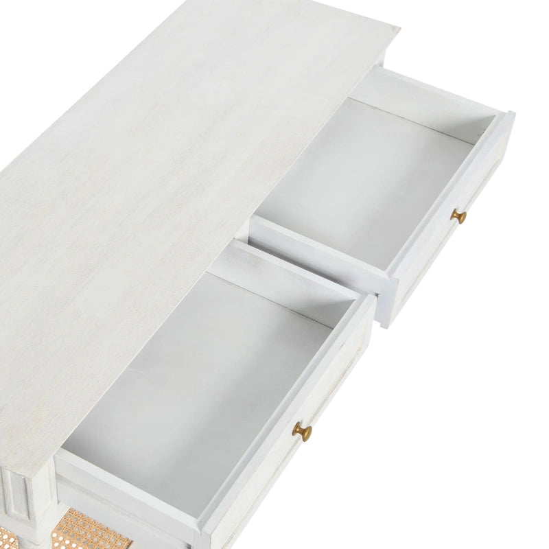 Console en bois d'acacia avec étagère en rotin