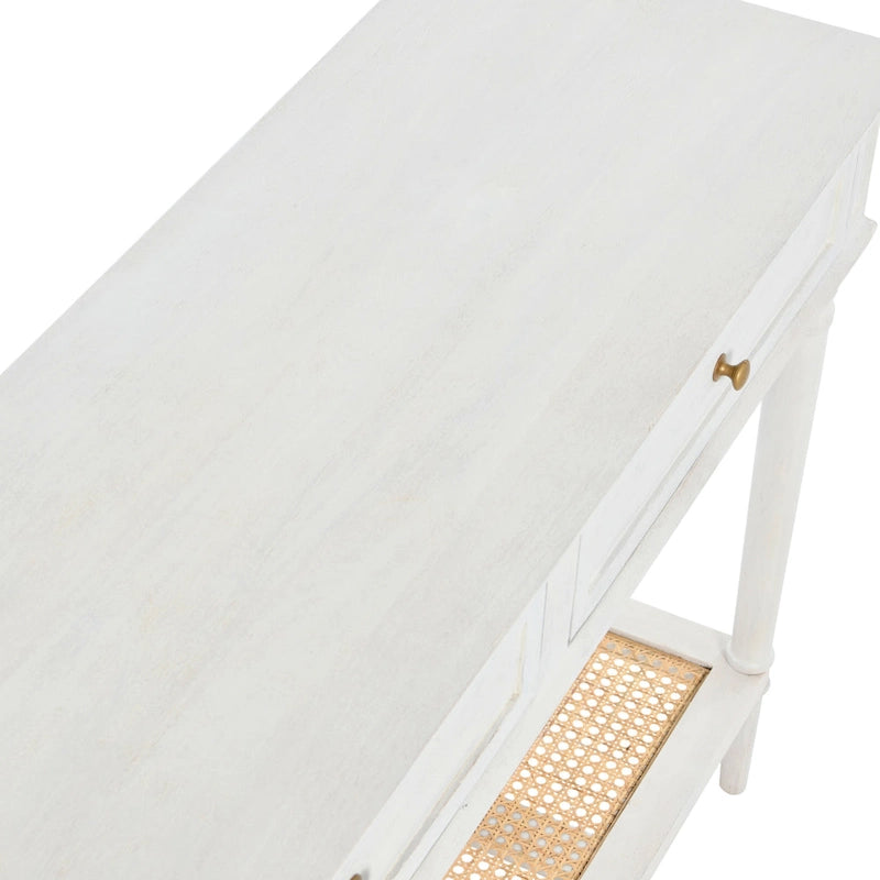 Console en bois d'acacia avec étagère en rotin