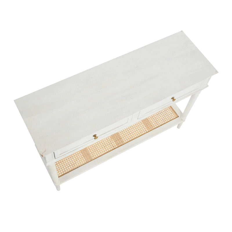 Console en bois d'acacia avec étagère en rotin