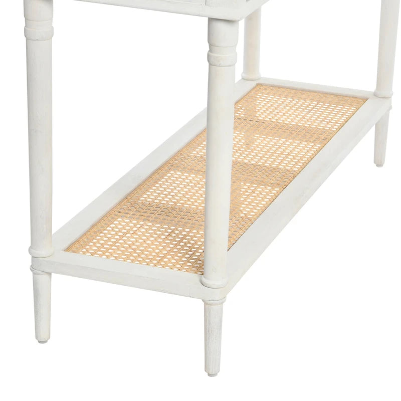 Console en bois d'acacia avec étagère en rotin