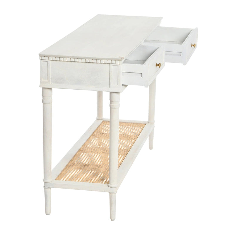 Console en bois d'acacia avec étagère en rotin