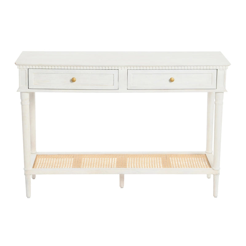 Console en bois d'acacia avec étagère en rotin