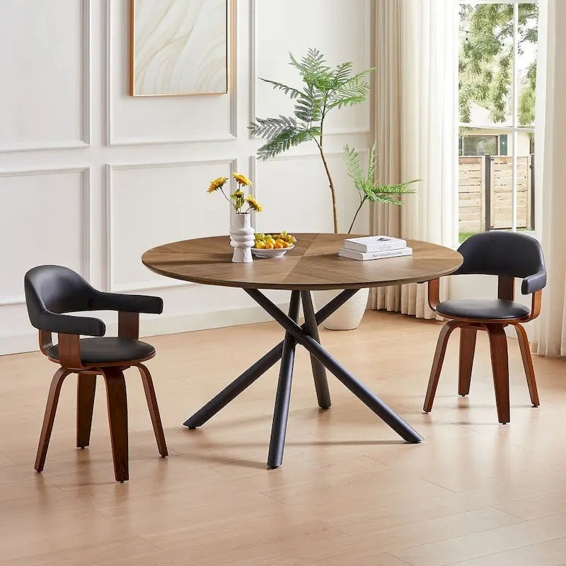 Table à manger ronde en noyer noir avec pied en croix pour cuisine, salle à manger