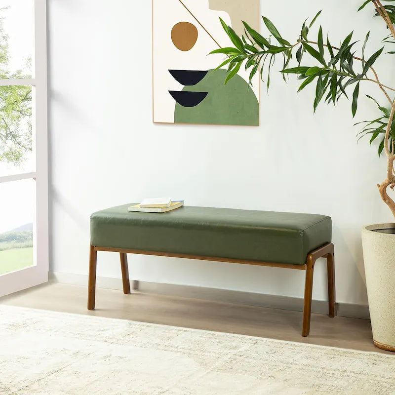Banc moderne en similicuir de 42,25 po avec pieds en hévéa de couleur noyer