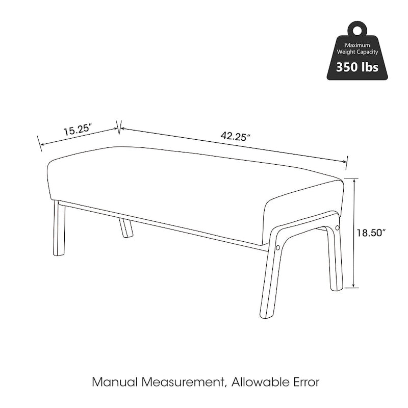 Banc moderne en similicuir de 42,25 po avec pieds en hévéa de couleur noyer