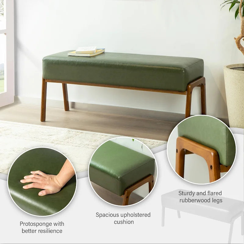 Banc moderne en similicuir de 42,25 po avec pieds en hévéa de couleur noyer