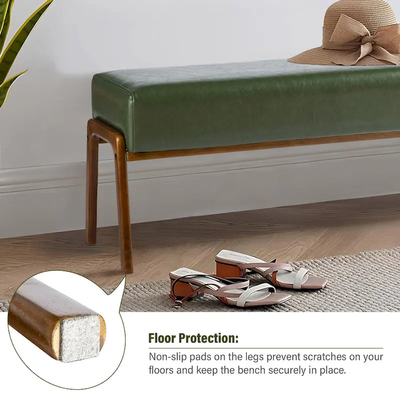 Banc moderne en similicuir de 42,25 po avec pieds en hévéa de couleur noyer