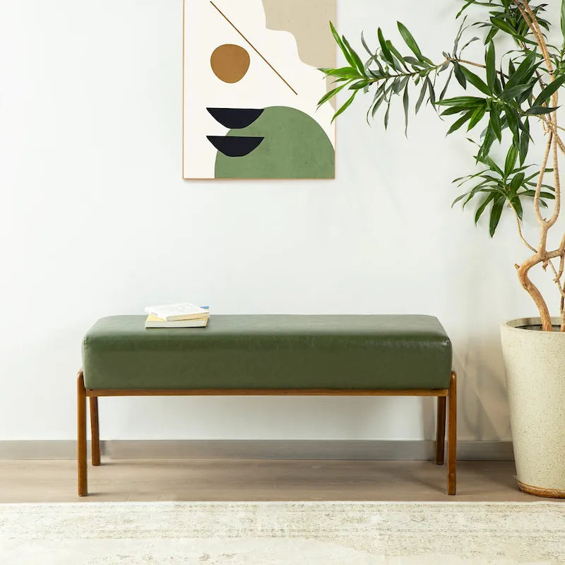 Banc moderne en similicuir de 42,25 po avec pieds en hévéa de couleur noyer