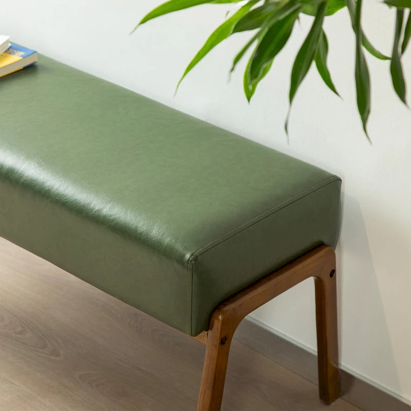 Banc moderne en similicuir de 42,25 po avec pieds en hévéa de couleur noyer