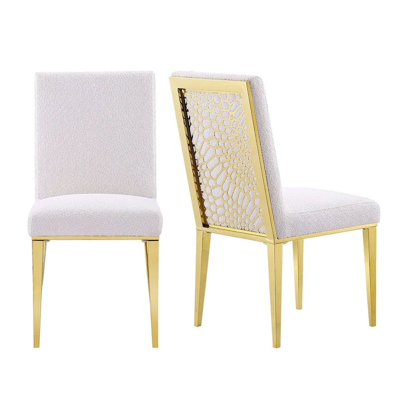Chaises de salle à manger luxueuses en bouclette blanche avec pieds en métal doré poli