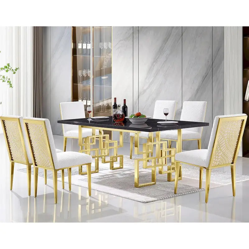 Chaises de salle à manger luxueuses en bouclette blanche avec pieds en métal doré poli