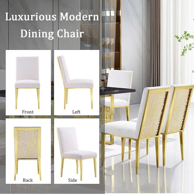Chaises de salle à manger luxueuses en bouclette blanche avec pieds en métal doré poli