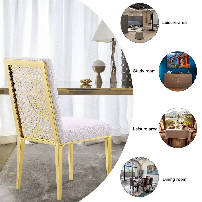 Chaises de salle à manger luxueuses en bouclette blanche avec pieds en métal doré poli
