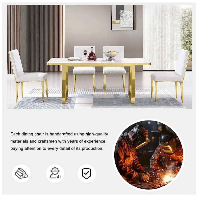 Chaises de salle à manger luxueuses en bouclette blanche avec pieds en métal doré poli