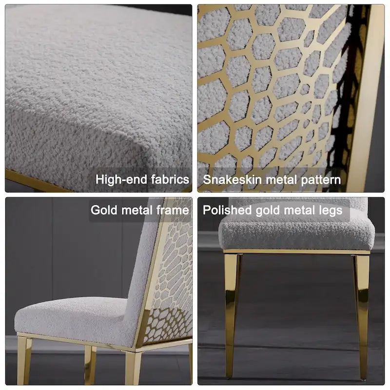 Chaises de salle à manger luxueuses en bouclette blanche avec pieds en métal doré poli