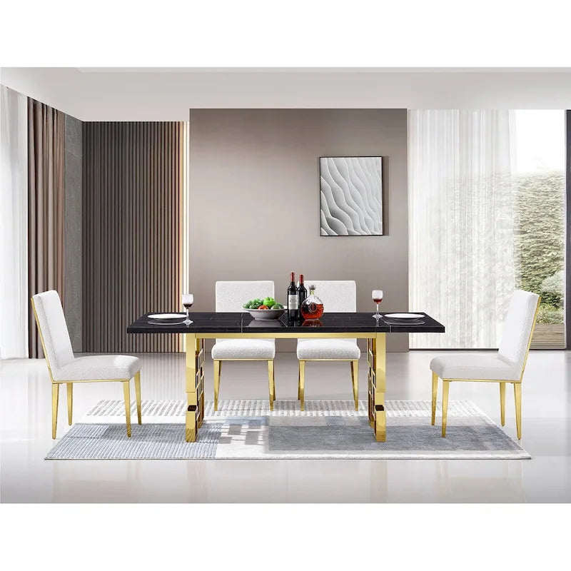 Chaises de salle à manger luxueuses en bouclette blanche avec pieds en métal doré poli