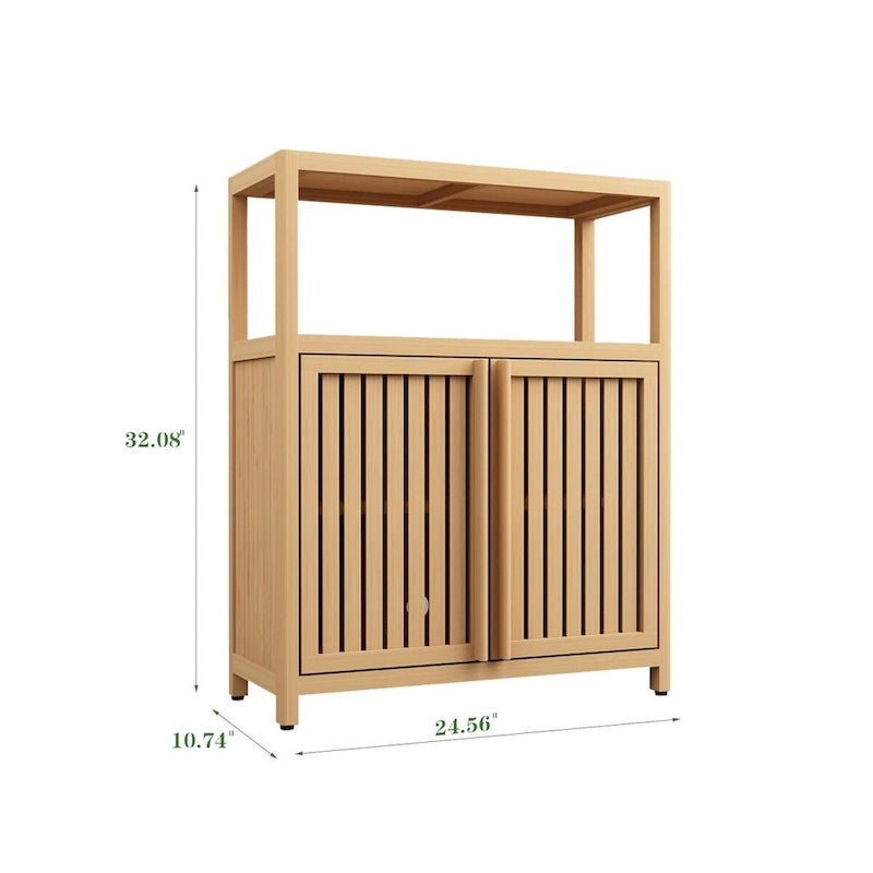 Meuble de rangement en bambou, meuble de salle de bain autoportant avec 2 portes à persiennes, meuble bas.